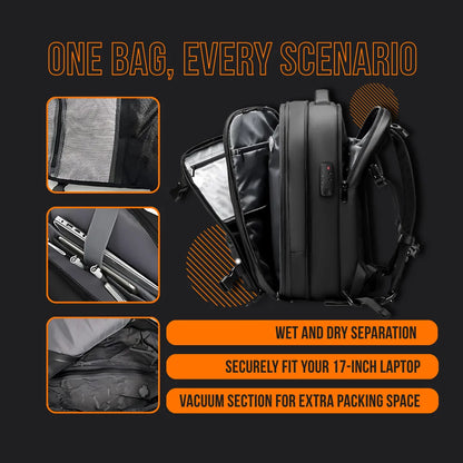 Black backpack with laptop compartment, wet and dry separation, and vacuum packing section.