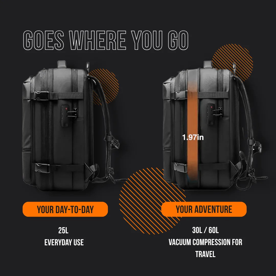Expandable black travel backpack shown in 25L everyday and 30L/60L compression modes.