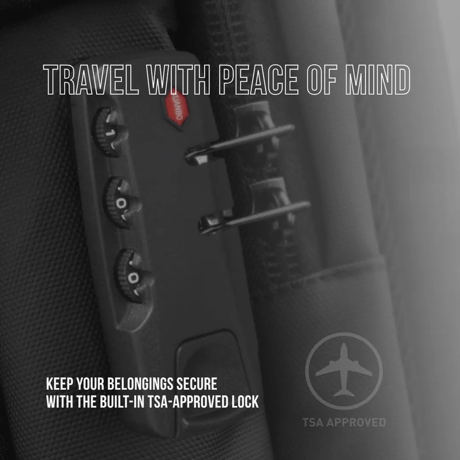 Black travel backpack with built-in TSA-approved lock and security feature close-up