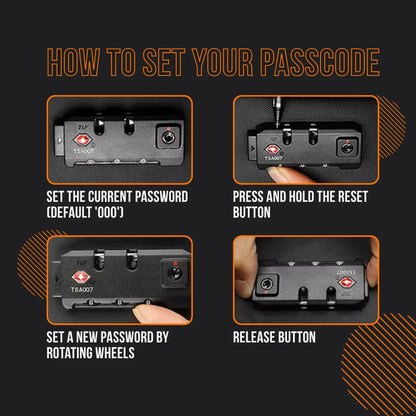 Backpack TSA lock passcode setting instructions with step-by-step images