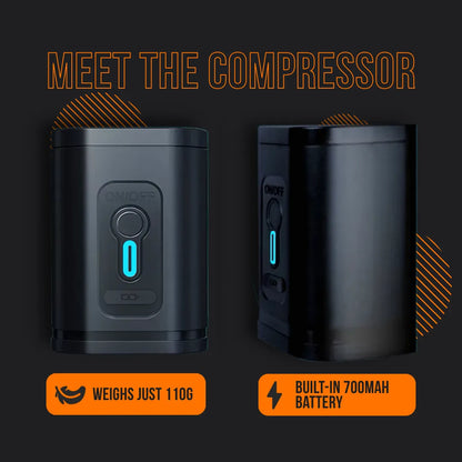 Compact portable air compressor with on/off button, 110g weight, 700mAh battery, black body