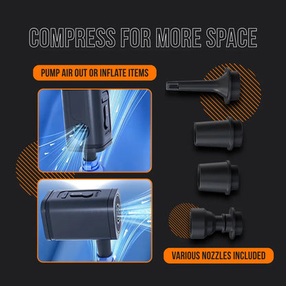 Portable electric air pump compressing air with four nozzle attachments for travel and packing efficiency.