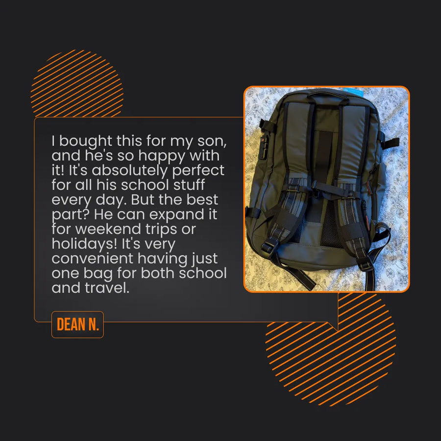 Black expandable backpack for school and travel on patterned bedspread, customer review beside it