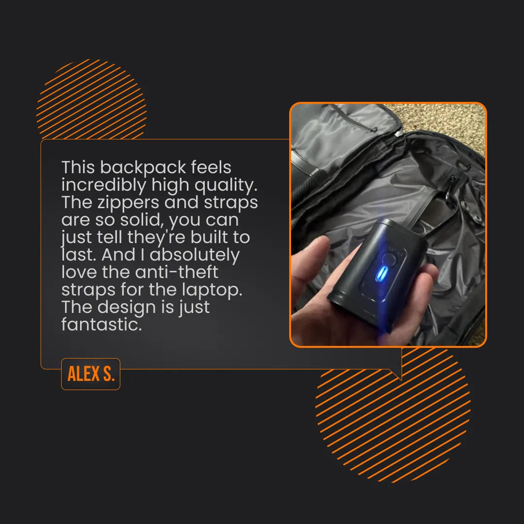 Laptop backpack interior with anti-theft straps and solid zippers, customer review highlighted.