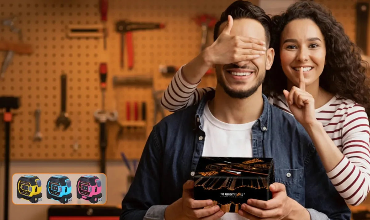 Man holding a product with a woman covering his eyes in a workshop setting