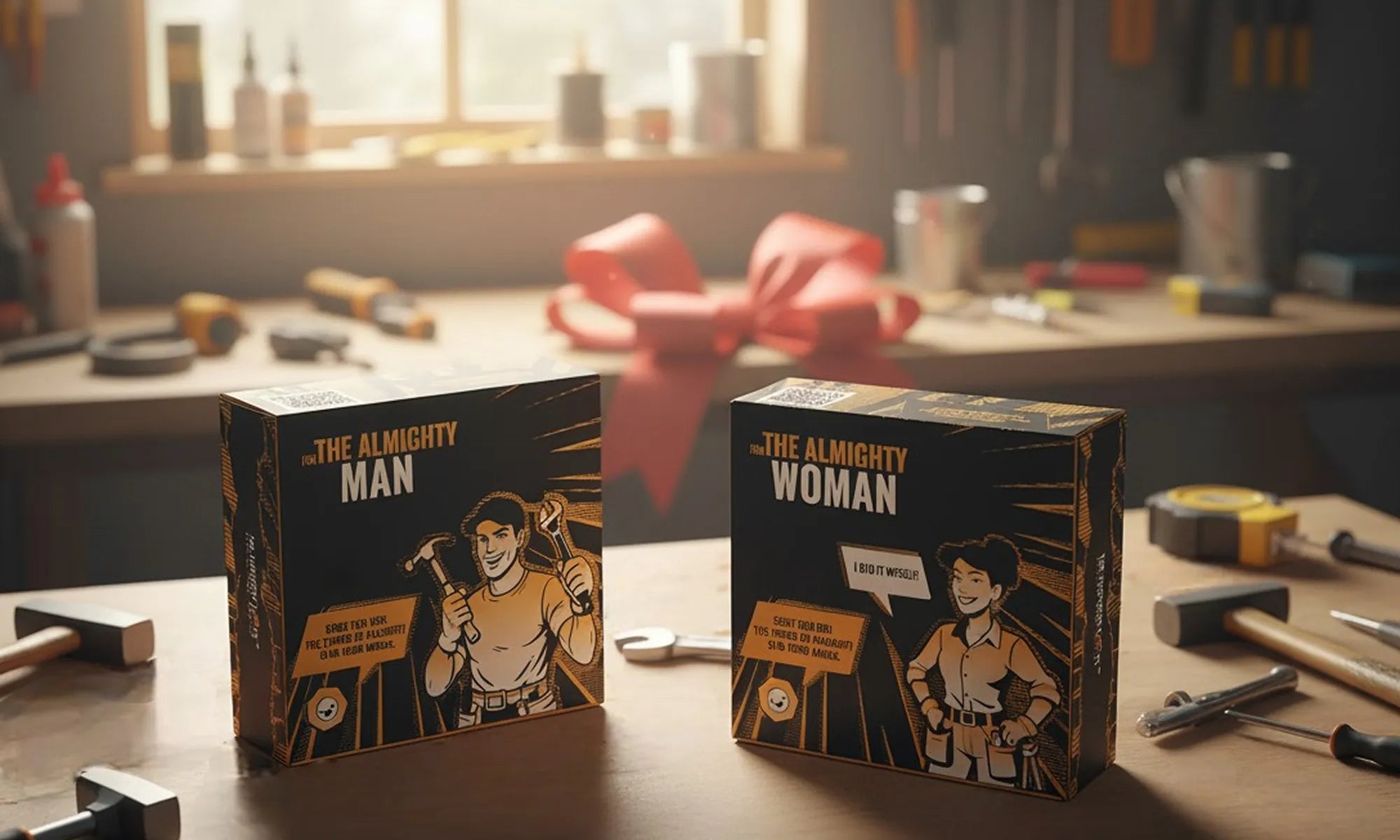 Two boxes labeled 'The Almighty Man' and 'The Almighty Woman' on a workshop table.