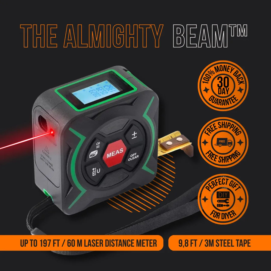 The Almighty Beam laser distance meter and tape measure with LCD screen and red laser pointer