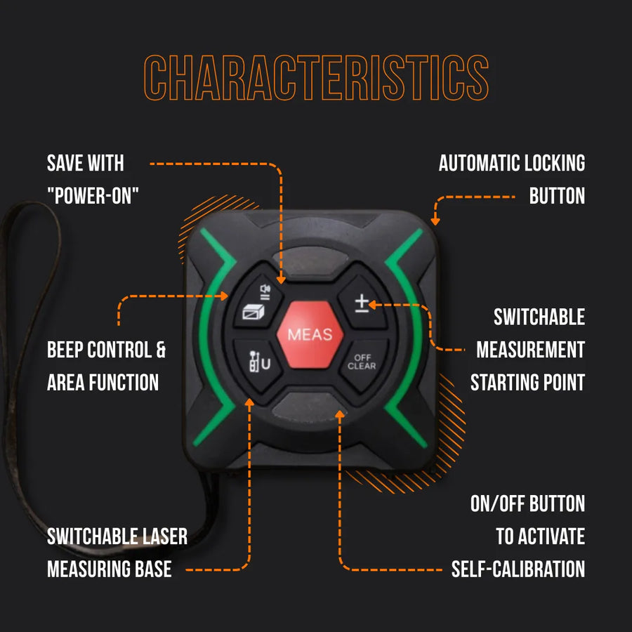 Square electronic laser measuring tool with labeled buttons and black-green design on dark background