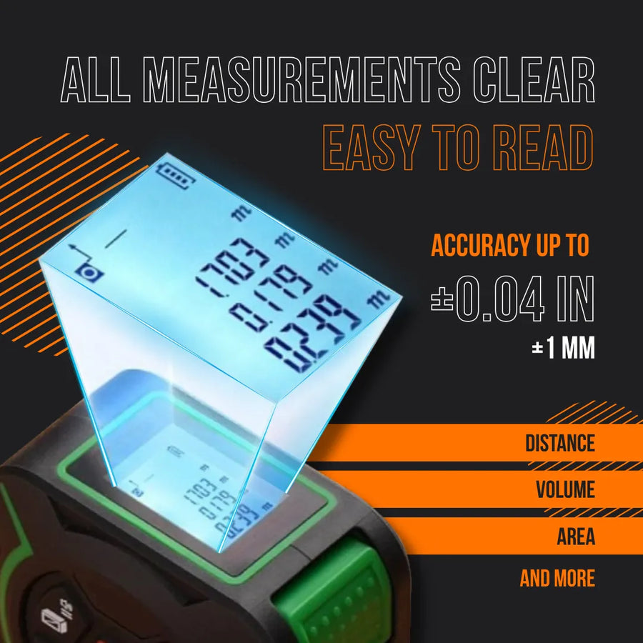 Digital laser distance measurer with clear LCD display, accuracy ±0.04in, black and green design