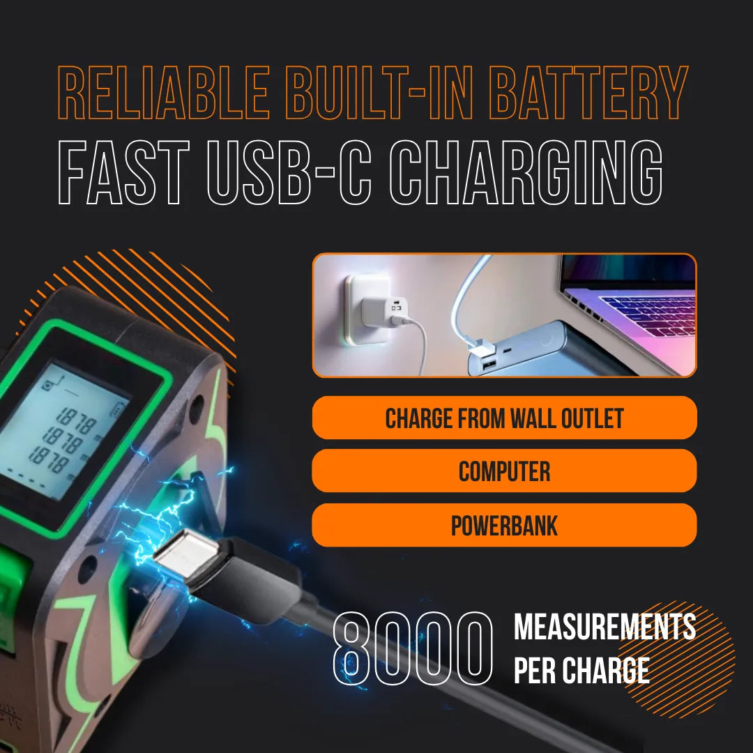 Digital measuring tool with USB-C charging, built-in battery, and 8000 measurements per charge