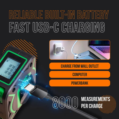 Digital measuring tool with USB-C charging, built-in battery, and 8000 measurements per charge
