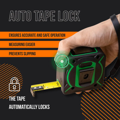 Hand holding green auto lock tape measure, measuring tape extended, product features listed.
