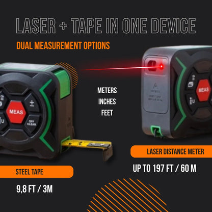 Laser tape measure device with steel tape, laser measurement, and dual metric display.