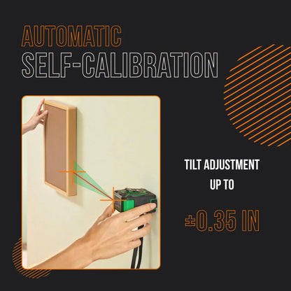 Laser level device automatically self-calibrating to hang a picture on a wall, tilt adjustment