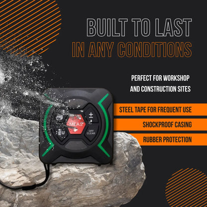 Durable digital measuring tape with shockproof casing and rubber protection on a rock.
