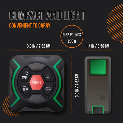Compact digital laser measuring tool, 3x3 inches, black with green accents, 0.52 pounds weight