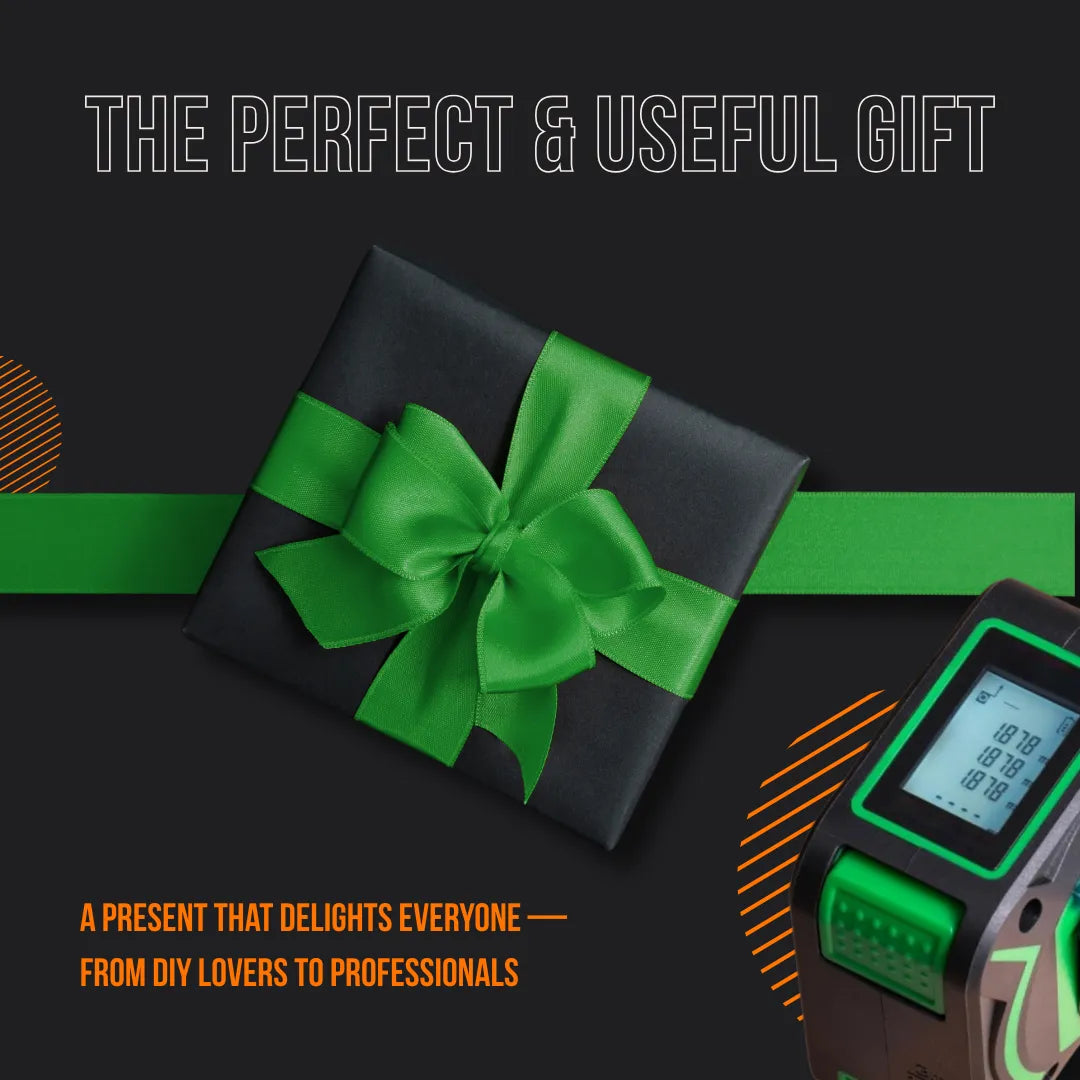 Black gift box with green ribbon next to a digital measuring tool on a black background