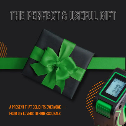Black gift box with green ribbon next to a digital measuring tool on a black background