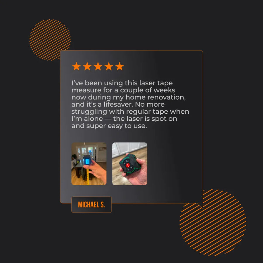 Customer review of laser tape measure with photos of the device in use for home renovation.