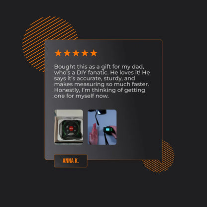Five-star review with photos of The Almighty Beam digital measuring tool and user feedback.