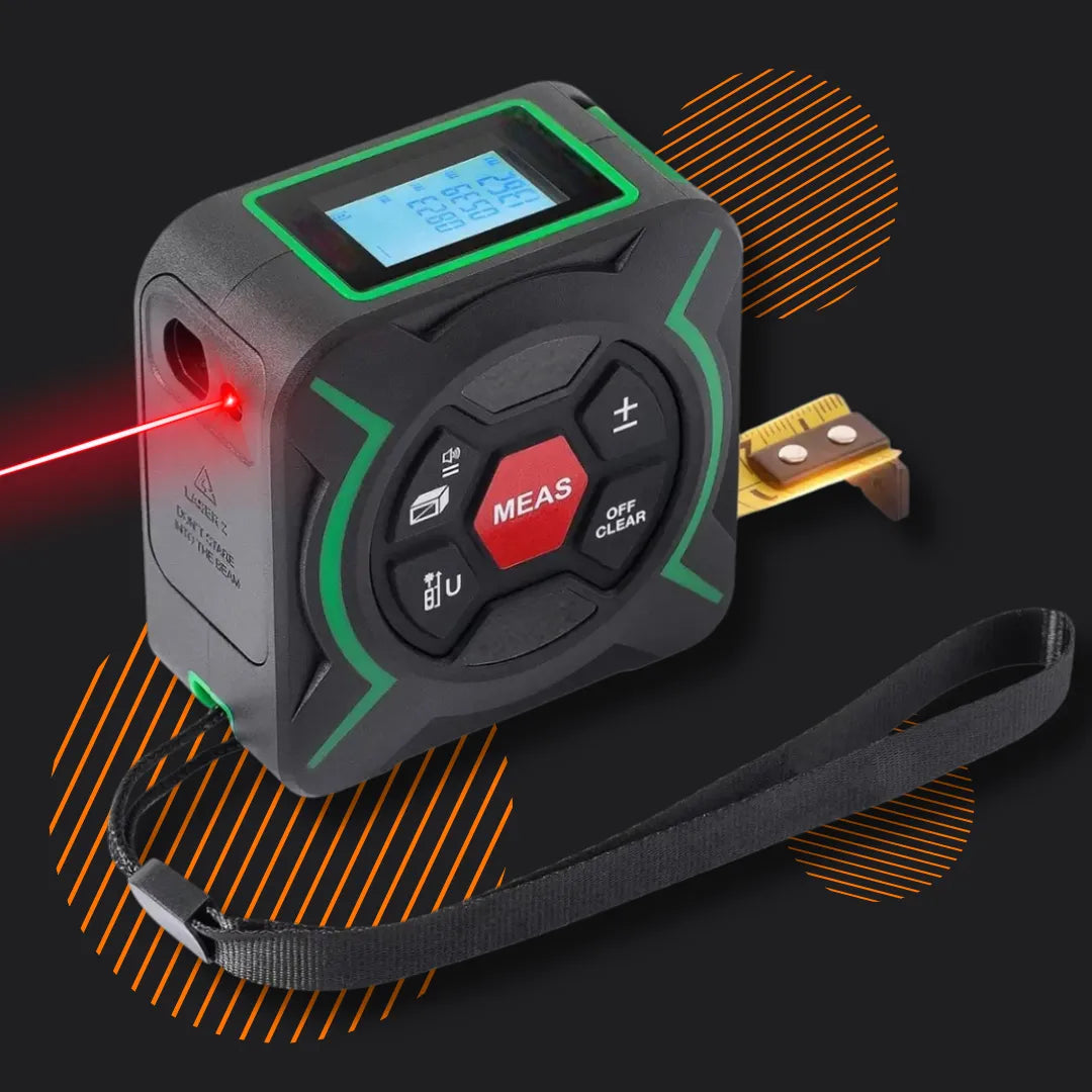Digital laser tape measure with LCD screen, buttons, and wrist strap on dark background