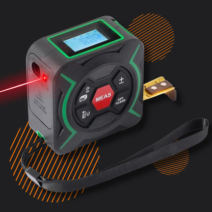 Digital laser tape measure with LCD screen, buttons, and wrist strap on dark background