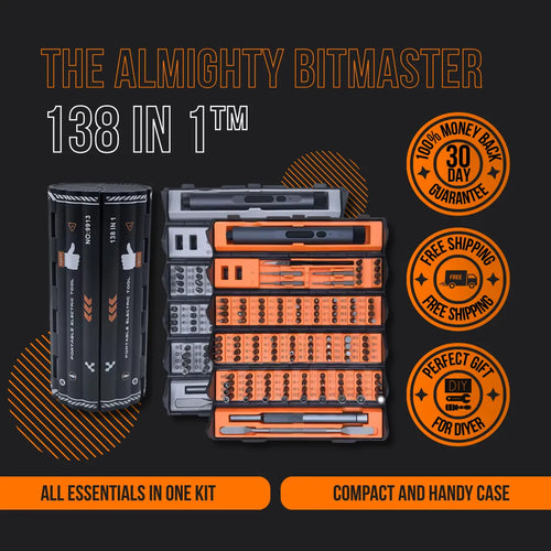 The Almighty BitMaster 138 in 1 tool kit with compact orange and black case, screwdriver bits, and promotional badges.