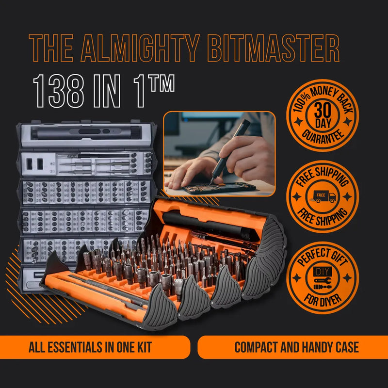 The Almighty BitMaster 138-in-1 electric and manual screwdriver kit with organized bits and storage case.