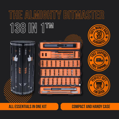 The Almighty BitMaster 138-in-1 precision screwdriver kit open and closed, with orange accents.