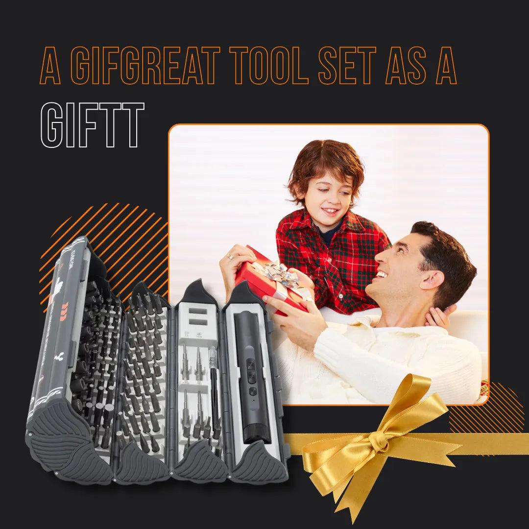 BitMaster 138 in 1 tool kit gift set with father and child, gold ribbon, and gift box