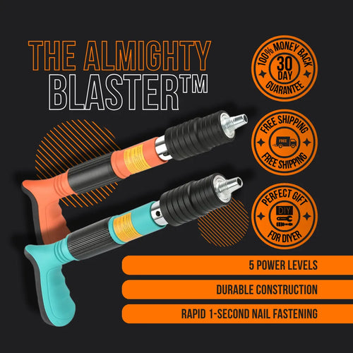 The Almighty Blaster nail gun tool with orange and teal handles, DIY features, and guarantees.