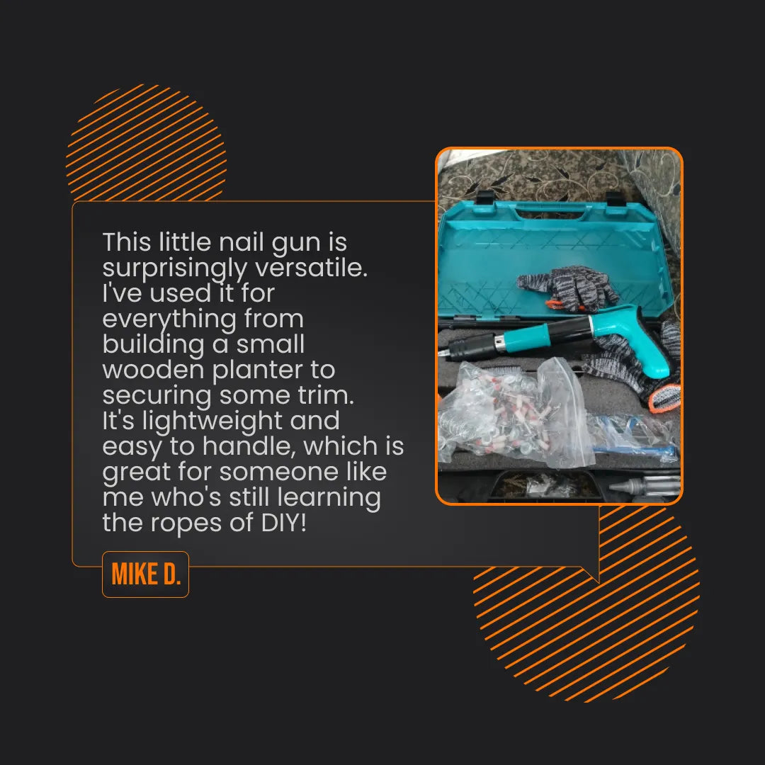 Turquoise nail gun kit in plastic case with user's testimonial on versatile DIY use.