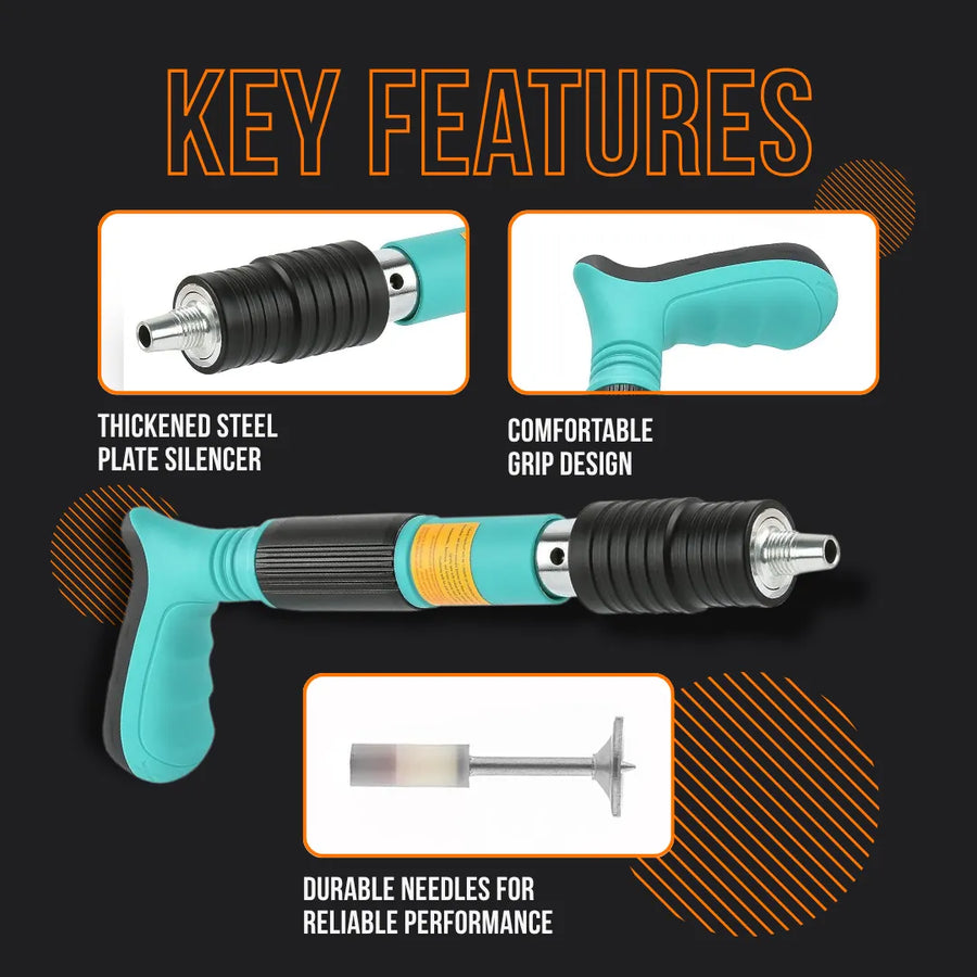 Almighty Blaster tool with steel plate silencer, ergonomic grip, and durable needles