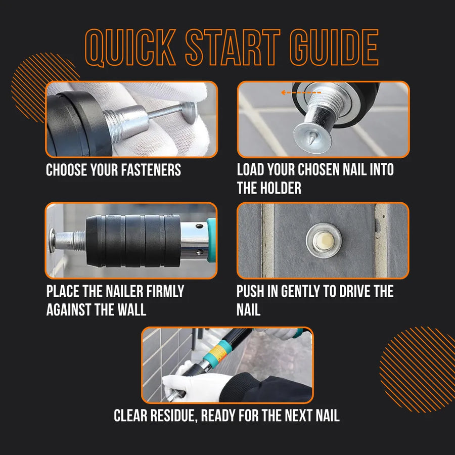 Quick start guide for using The Almighty Blaster nail gun with step-by-step images.
