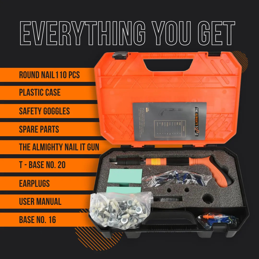 The Almighty Nail It gun kit in orange plastic case with nails, earplugs, goggles, and accessories.