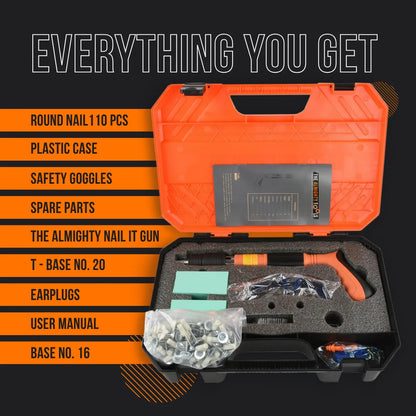 The Almighty Nail It gun kit in orange plastic case with nails, earplugs, goggles, and accessories.
