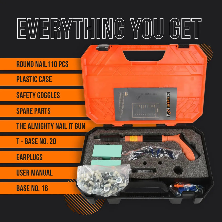 The Almighty Nail It gun kit in orange plastic case with nails, earplugs, goggles, and accessories.
