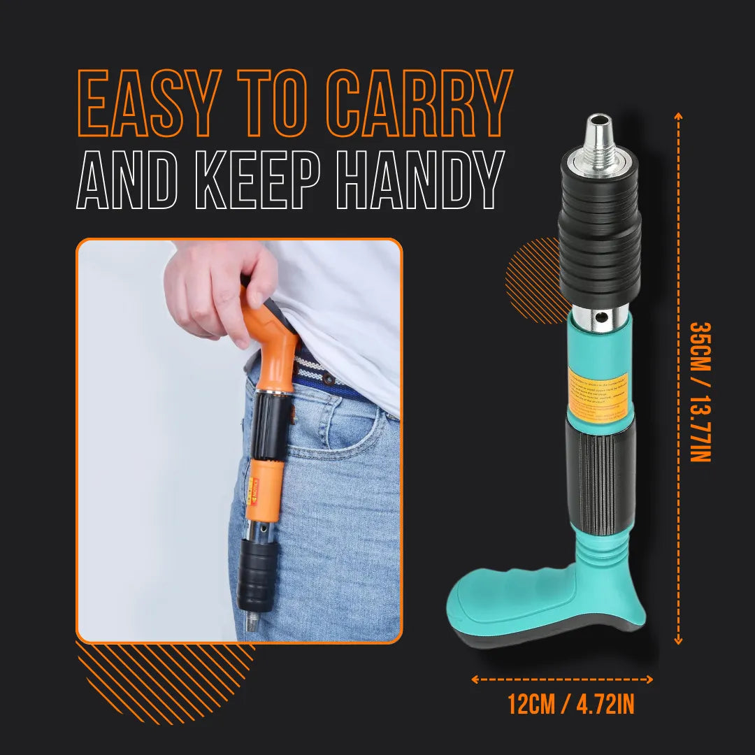 Compact handheld pipe blaster with orange and turquoise handle, shown pocket-sized for portability