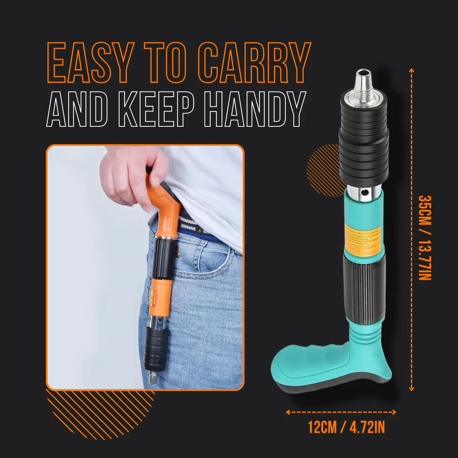 Compact handheld pipe blaster with orange and turquoise handle, shown pocket-sized for portability