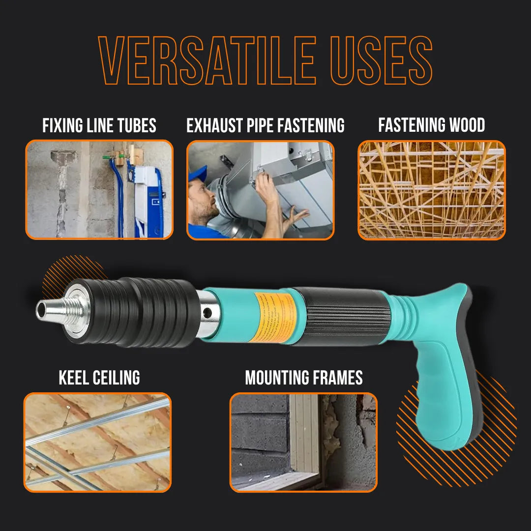 The Almighty Blaster construction tool with uses for fixing tubes, exhaust pipes, wood, ceiling, and frames.