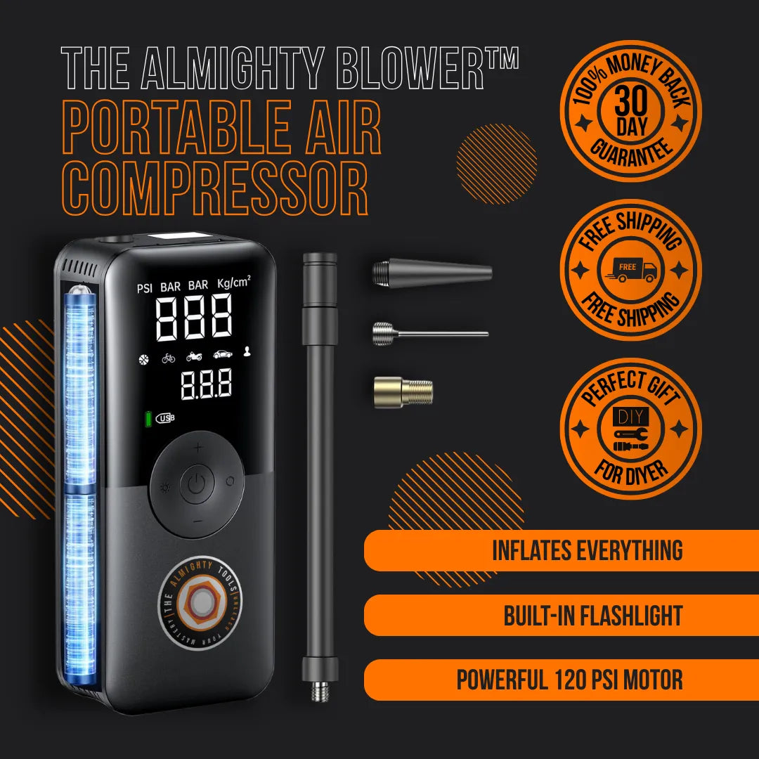 Portable air compressor with digital display, accessories, and key features on black background