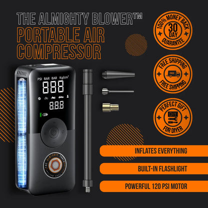 Portable air compressor with digital display, accessories, and key features on black background