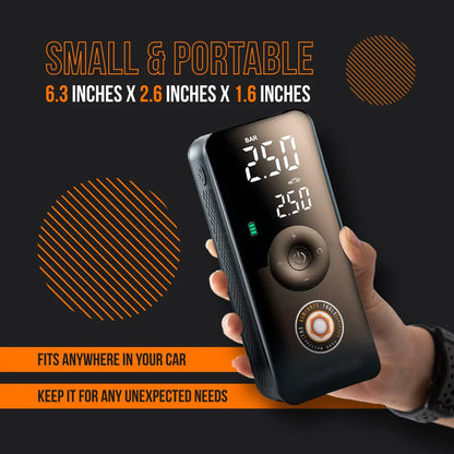 Hand holding small portable digital tire inflator, compact for car use, size 6.3 x 2.6 x 1.6 inches