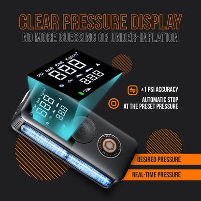 Portable digital air compressor with LED display showing tire pressure, accuracy and auto stop features.