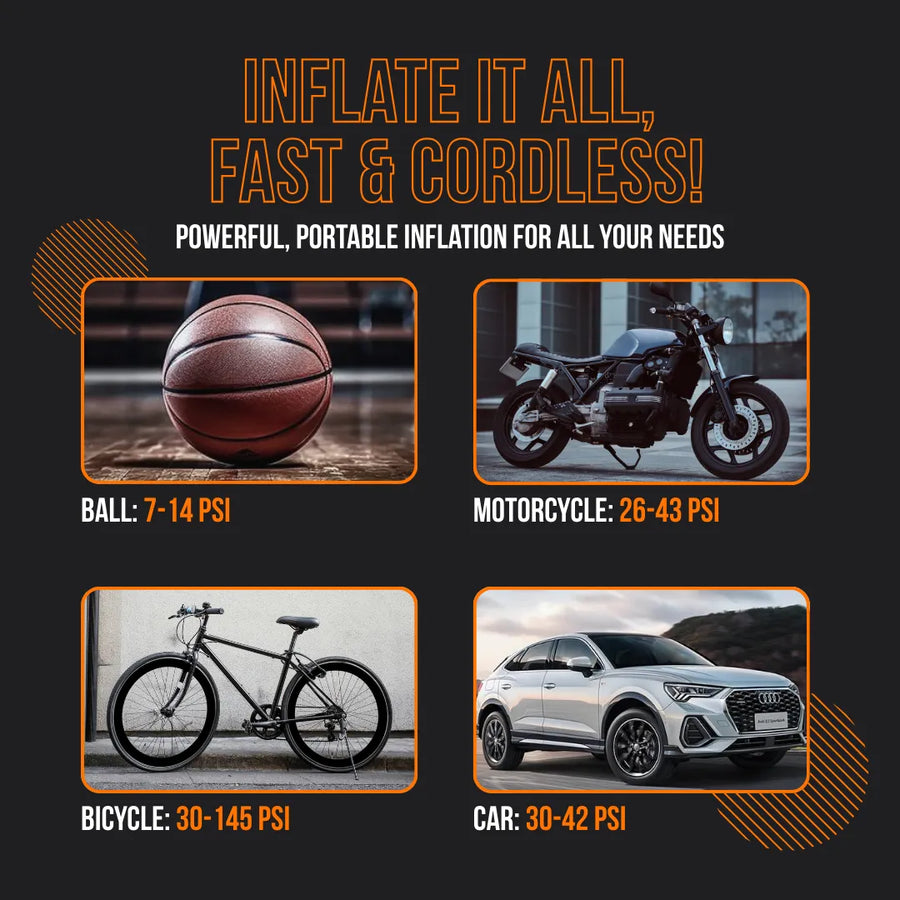 Infographic showing ball, motorcycle, bicycle, and car with inflation PSI ranges for cordless inflator
