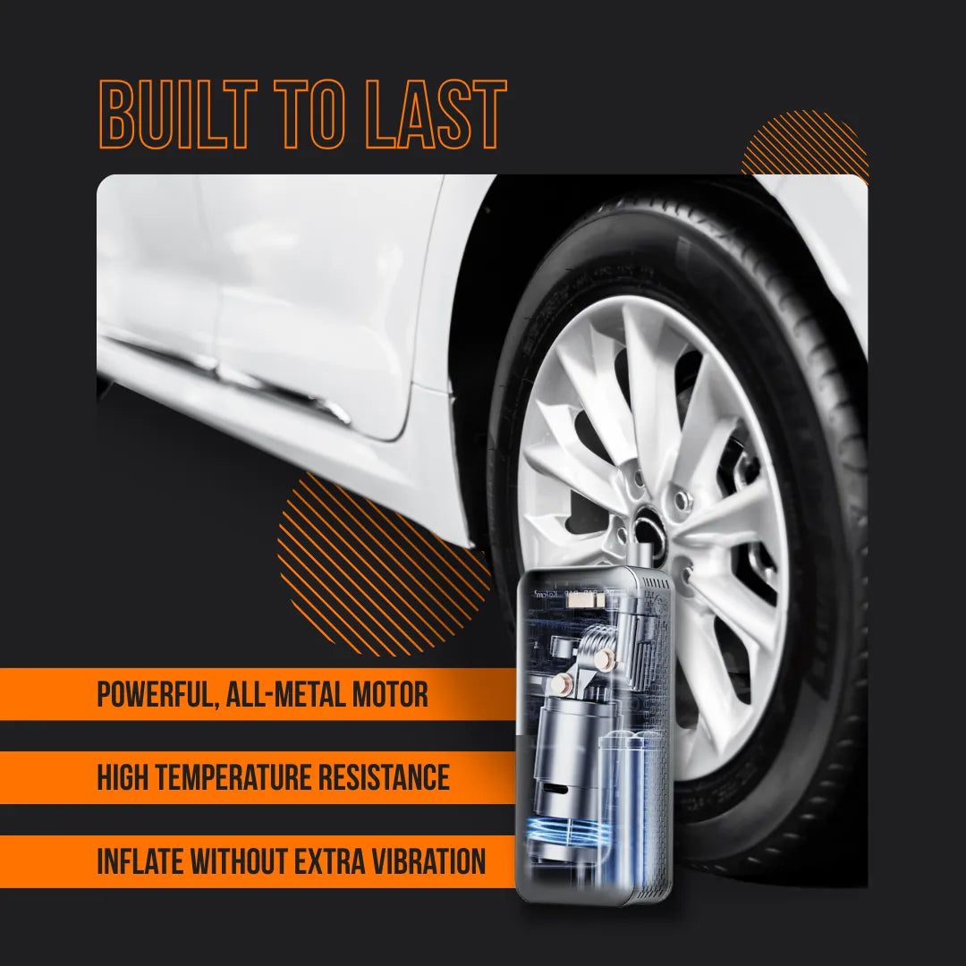 Car tire beside portable air compressor, built to last, durable tire inflator features listed