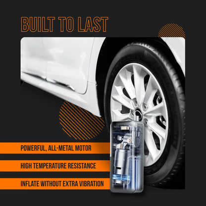 Car tire beside portable air compressor, built to last, durable tire inflator features listed