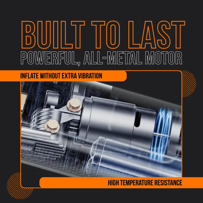 All-metal motor close-up with text highlighting durability, low vibration, and heat resistance.