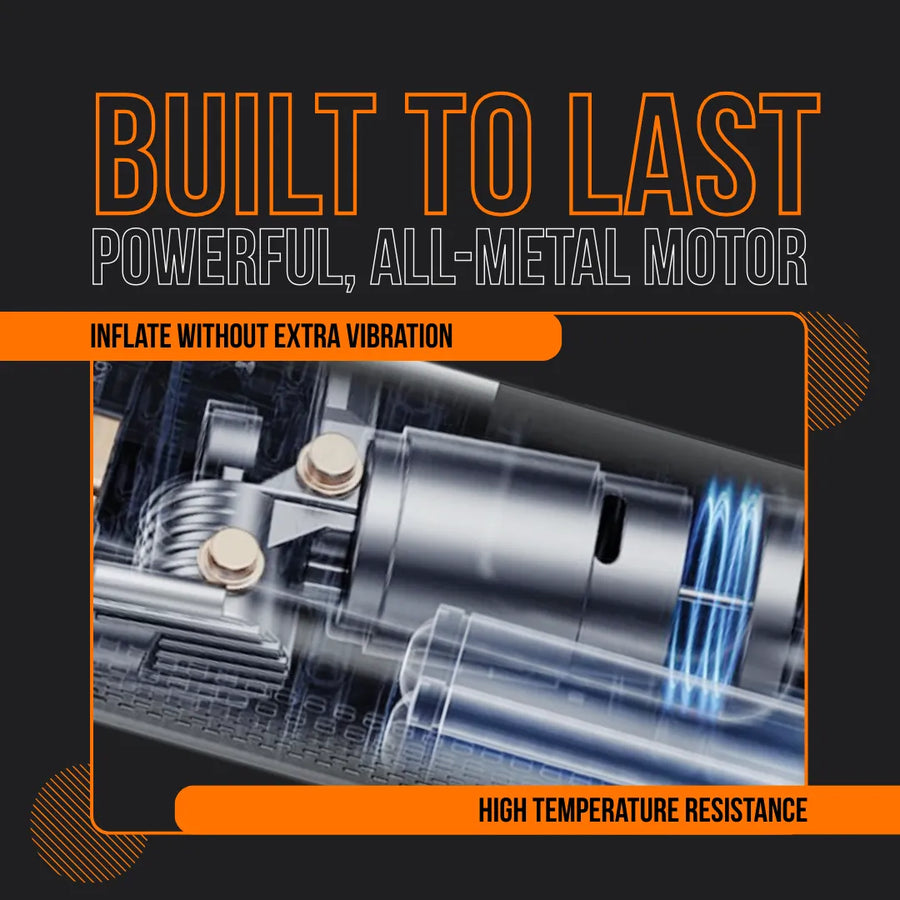 All-metal motor close-up with text highlighting durability, low vibration, and heat resistance.