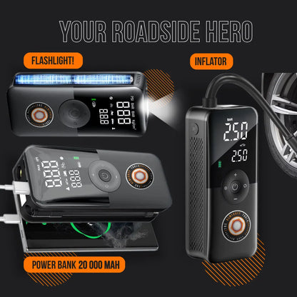 Multi-function portable device with digital display as tire inflator, flashlight, and power bank